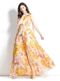 ONE-SHOULDER HOLIDAY PRINTED LONG DESS