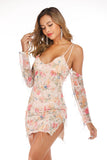 V-NECK SLING PRINTED FRINGED SEQUINED DRESS