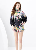 RETRO WOODEN EAR LANTERN SLEEVE SHIRT+SHORTS SUIT