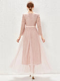 LONG SLEEVE LACE PLEATED GAUZE DRESS