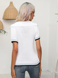 HOLLOW STRIPED LAPEL SHORT-SLEEVED SWEATER TOP