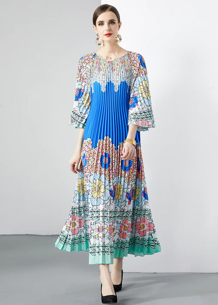FOLDING PRINT SHORT SLEEVE LONG DRESS