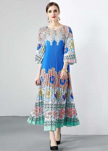 FOLDING PRINT SHORT SLEEVE LONG DRESS