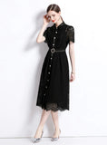 LAPEL CROCHETED OPENWORK LACE DRESS