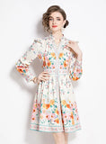 VINTAGE PRINTED V-NECK LANTERN SLEEVE SLIM DRESS