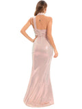 BACKLESS MESH STITCHING SEQUINED DRESS