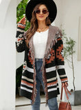 STYLISH LOOSE HOODED COAT TASSEL GEOMETRIC JACQUARD SWEATER CARDIGAN