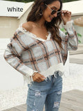 FASHION BROKEN V-NECK LOOSE CHECK JACQUARD SWEATER