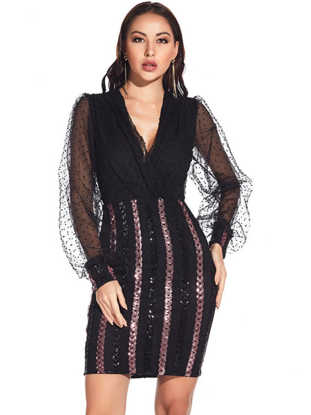CASUAL MESH STITCHING SEQUINED DRESS