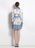 PRINTED RETRO LAPEL LANTERN SLEEVE DRESS