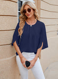 SOLID COLOR ROUND NECK SHORT SLEEVE CHIFFON SHIRT