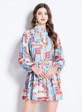 PRINTED LONG-SLEEVED RETRO SHORT DRESS