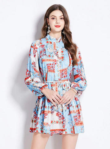 PRINTED LONG-SLEEVED RETRO SHORT DRESS