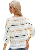 CLASSY STRIPED CROPPED SLEEVE HOLLOW KNIT SWEATER