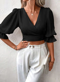 V-NECK SLIM BUBBLE SLEEVE SHIRT