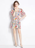 V-NECK SLIM WAIST FLORAL DRESS