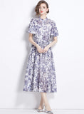 DRAWSTRING SLIM PRINT SHORT SLEEVE LONG DRESS
