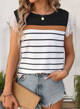 STRIPED CONTRAST LACE STITCHING T-SHIRT
