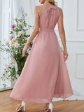 PINK CHIFFON HALTER SLEEVELESS DRESS