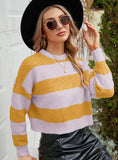 FASHION SHORT ROUND NECK STRIPED CONTRAST SWEATER