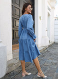 V-NECK FLARED SLEEVE LONG SLEEVE DRESS