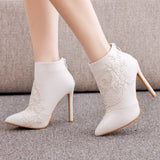 THIN-HEELED POINTED LACE WEDDING BOOTS