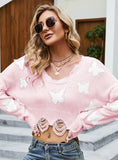 STYLISH LONG SLEEVE BUTTERFLY PATTERN V-NECK SWEATER
