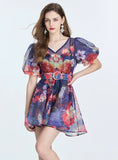 RETRO PRINT MINI BUBBLE SLEEVE DRESS