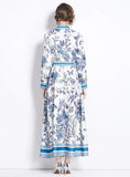 RETRO PRINTED LAPEL LONG SLEEVE DRESS
