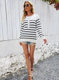 CLASSY BLACK AND WHITE STRIPED BUTTON SWEATER