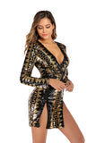 DEEP V-NECK LONG SLEEVE SPLIT SEQUINED DRESS
