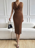 SEXY V-NECK KINKED SLIT SLEEVELESS DRESS