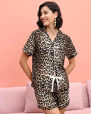 FASHION SEXY V-NECK LEOPARD PRINT SHORT SLEEVE TWO-PIECE SUIT