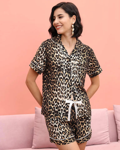 FASHION SEXY V-NECK LEOPARD PRINT SHORT SLEEVE TWO-PIECE SUIT
