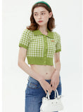 Flower Button Lapel Plaid Short Sleeve Sweater