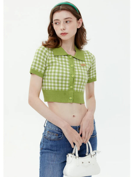 Flower Button Lapel Plaid Short Sleeve Sweater