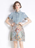 RETRO JACQUARD STAND COLLAR LACE DRESS