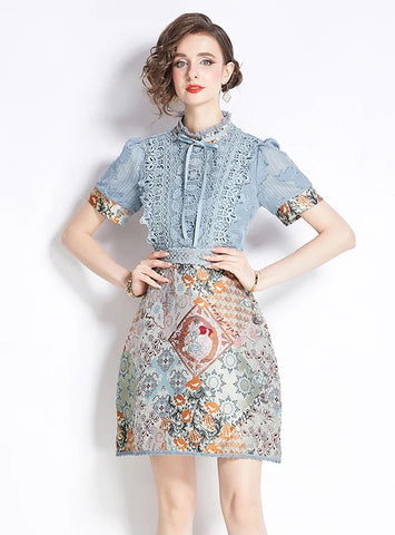 RETRO JACQUARD STAND COLLAR LACE DRESS