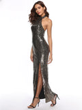 HALTER SLEEVELESS BACKLESS SEQUINED DRESS