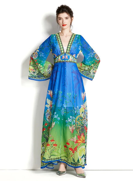 LONG-SLEEVED V-NECK FLARED SLEEVE PRINTED DRESS