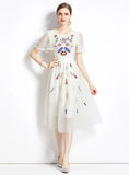 MESH ROUND NECK SHORT SLEEVE EMBROIDERY DRESS