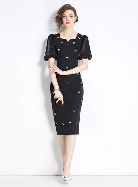 RETRO SLIM SHORT-SLEEVED MEDIUM-LONG DRESS