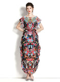 PRINTED CHIFFON RUFFLED RETRO DRESS