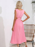 HOLLOW WAIST PLEATED SLEEVELESS BIG SWING DRESS