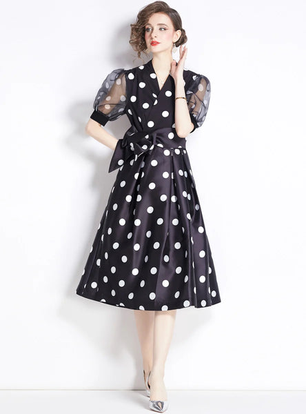 RETRO PALACE POLKA DOT SHORT SLEEVE LONG DRESS