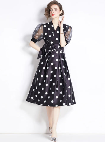 RETRO PALACE POLKA DOT SHORT SLEEVE LONG DRESS