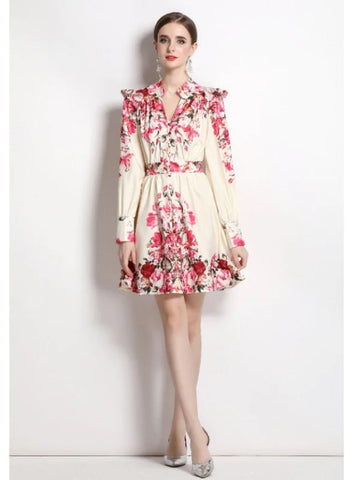 LONG-SLEEVED VINTAGE PRINTED V-NECK DRESS