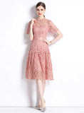 RETRO SHORT SLEEVE ROUND NECK LACE DRESS