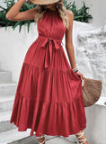 SOLID COLOR LONG PLEATED HALTER DRESS