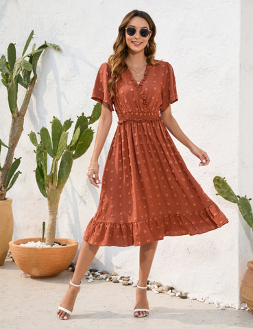 V-NECK HIGH WAIST SHORT SLEEVE DRESS